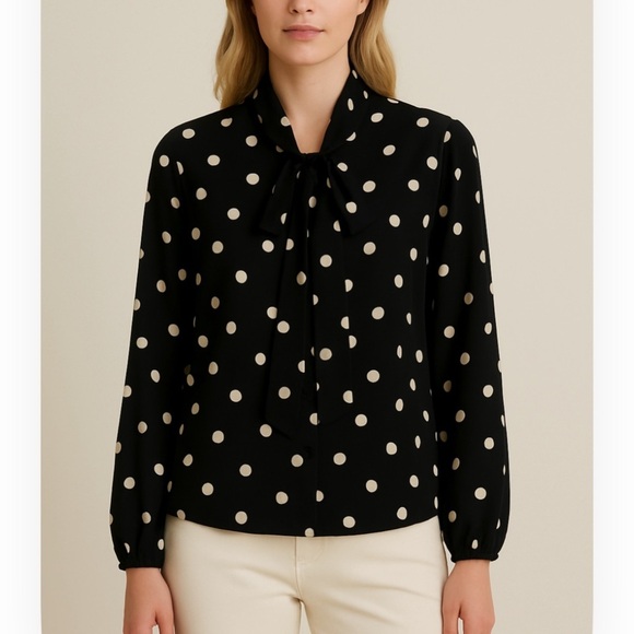 NWT Cynthia Rowley Polka Dot Tie Neck Button Down Blouse in Black - Picture 1 of 7